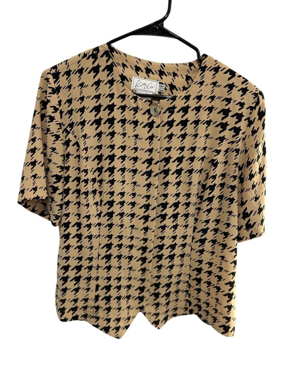 Kathy Che Sz 12 Beige Black Houndstooth Button-Up Short Sleeve Top Preppy Office